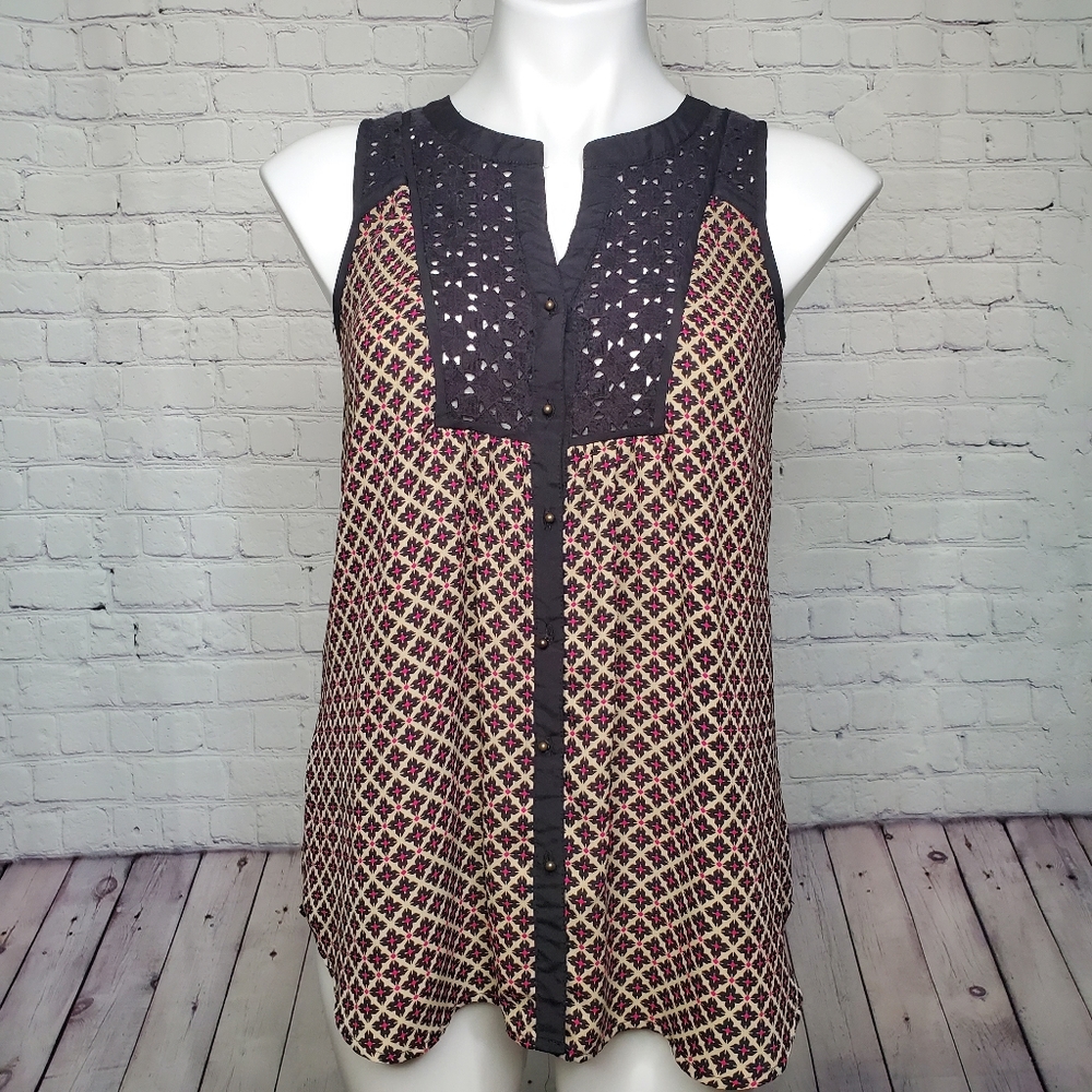 Daniel Rainn Crochet & Diamond Black and Pink Tank Top Size S